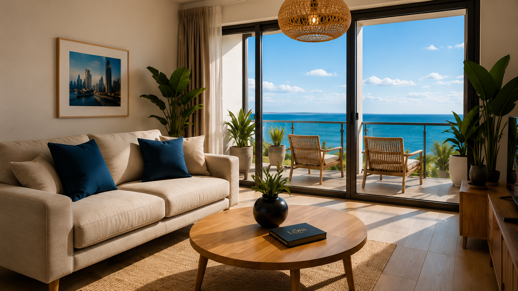 Salon moderne avec vue sur mer